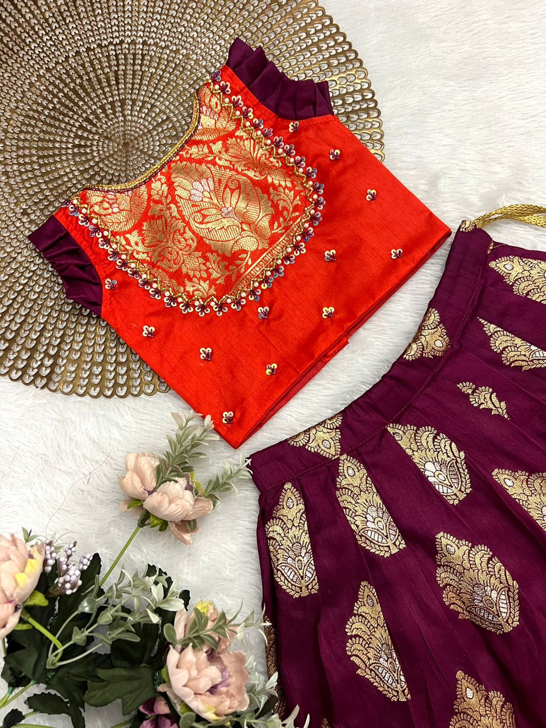 Sakshi - Orange Burgundy Designer Minipattu