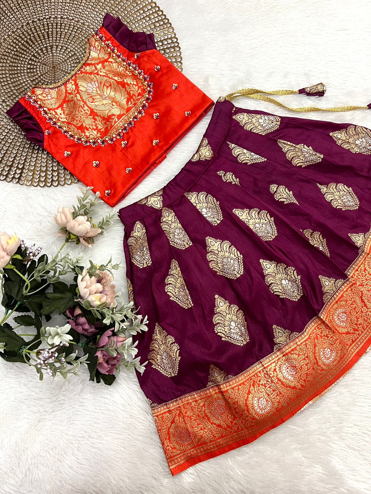 Sakshi - Orange Burgundy Designer Minipattu