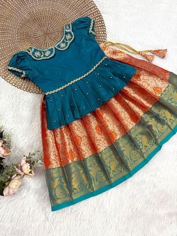 Tamira Teal Green Orange Designer Minipattu