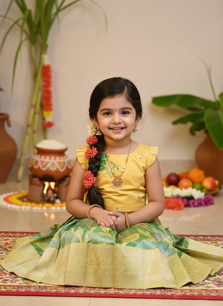 Dhanya - Beige Leaf Green Designer Minipattu