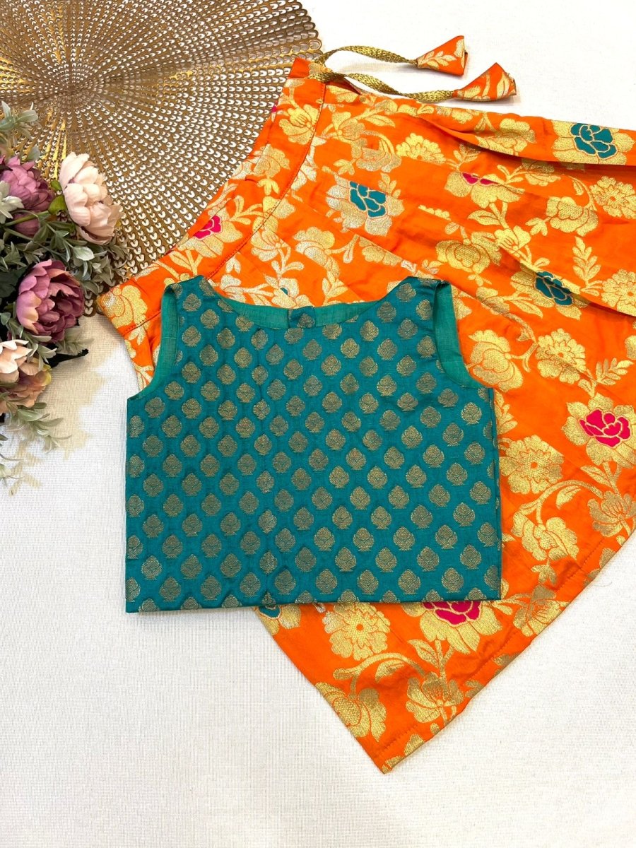 Amara - Teal Blue Orange Floral Minipattu