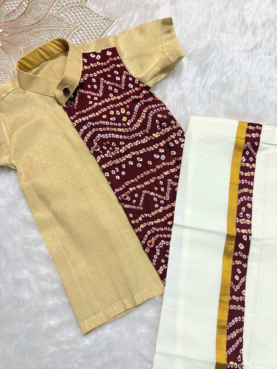 Dhruv - Maroon Bandhini Shirt & Dhothi Set