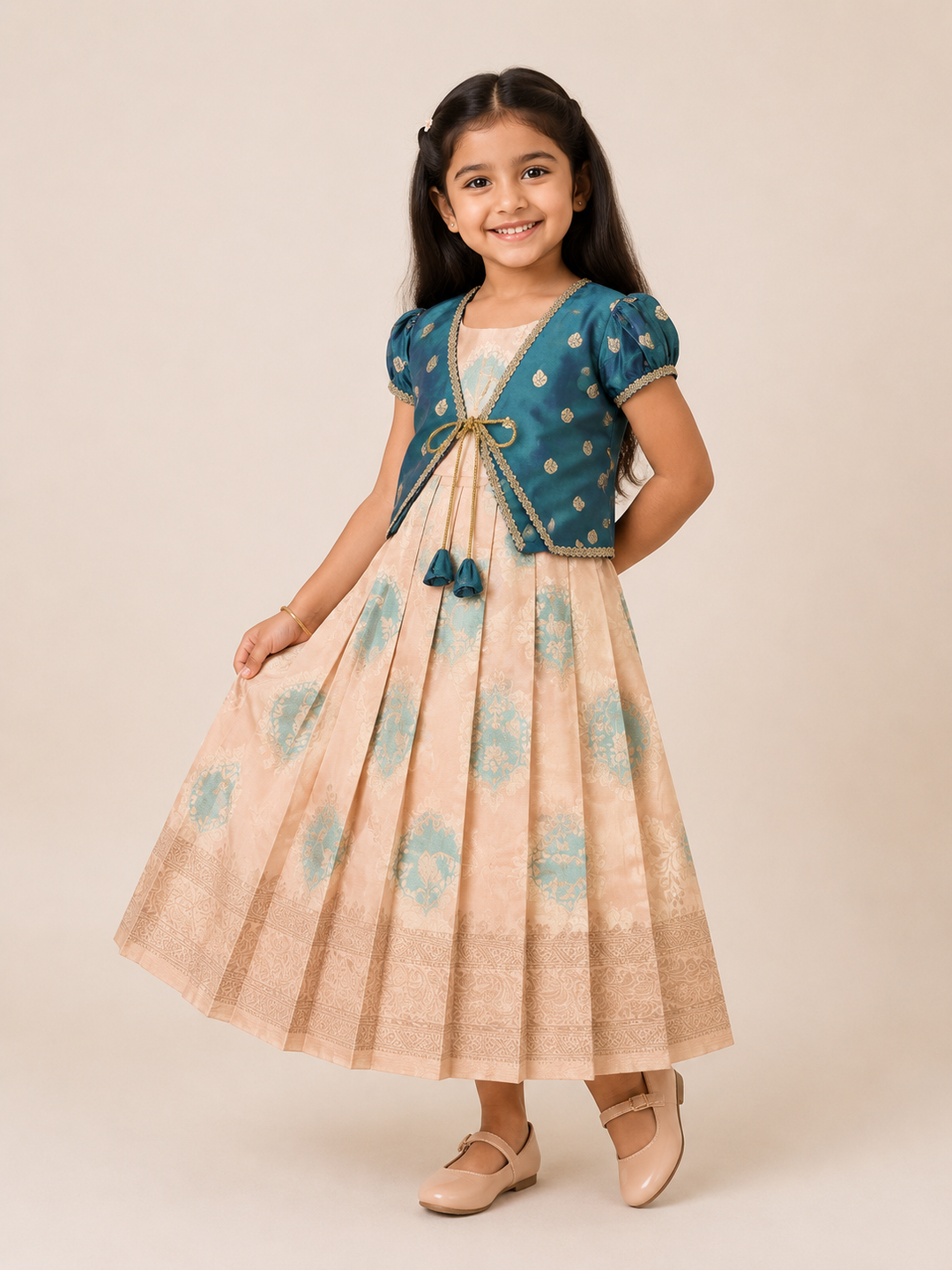 Niharika - Teal Peach 2 in 1 Designer MiniPattu