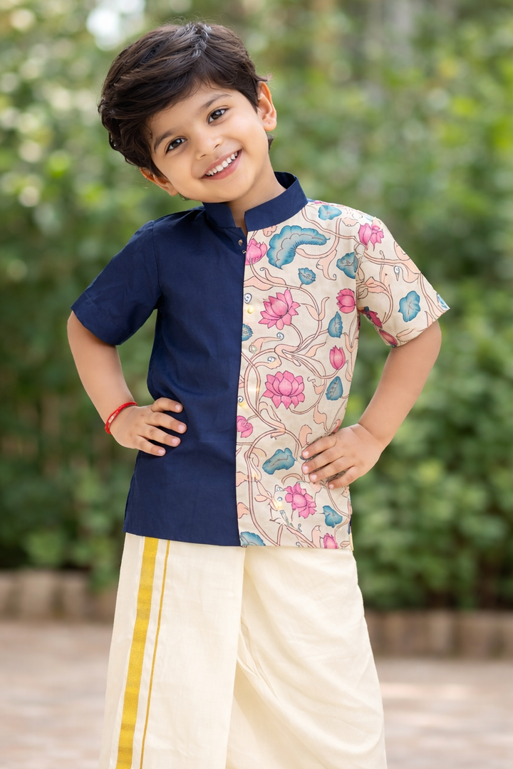 Tharun - Navy Blue Kalamkari Shirt & Dhothi Set