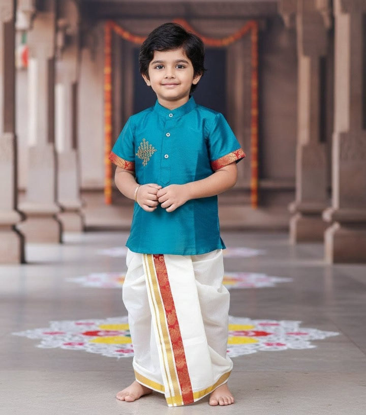Rudhra - Teal Green Shirt & Dhothi Set