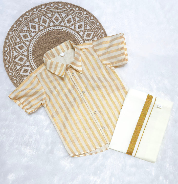 Abimanu -  Half White Gold Stripes Shirt & Vesti Set