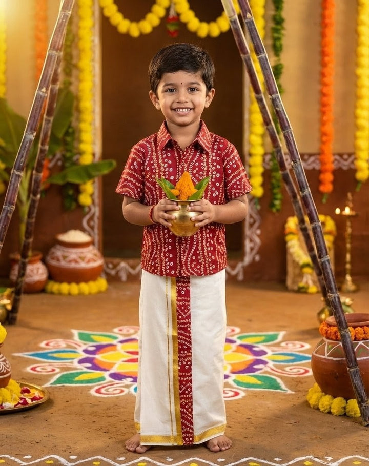 Dhruv - Maroon Bandhini Shirt & Dhothi Set