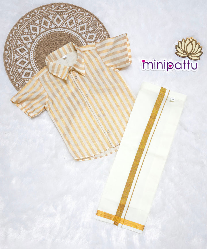Abimanu -  Half White Gold Stripes Shirt & Vesti Set