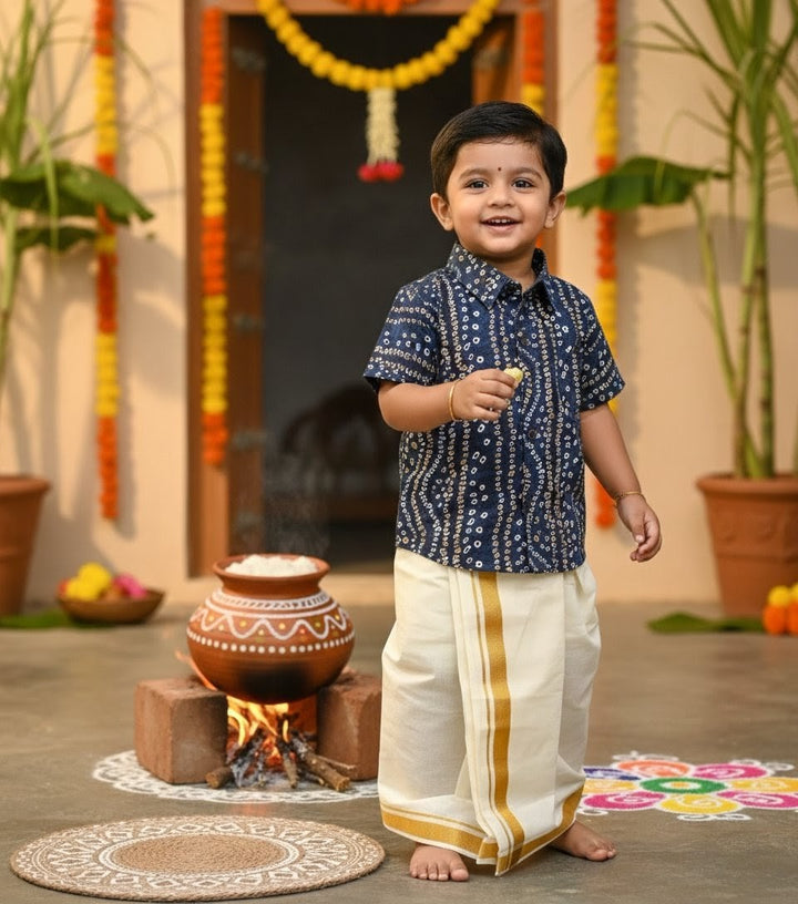 Dhruv - Navy Bandhini Shirt & Dhothi Set