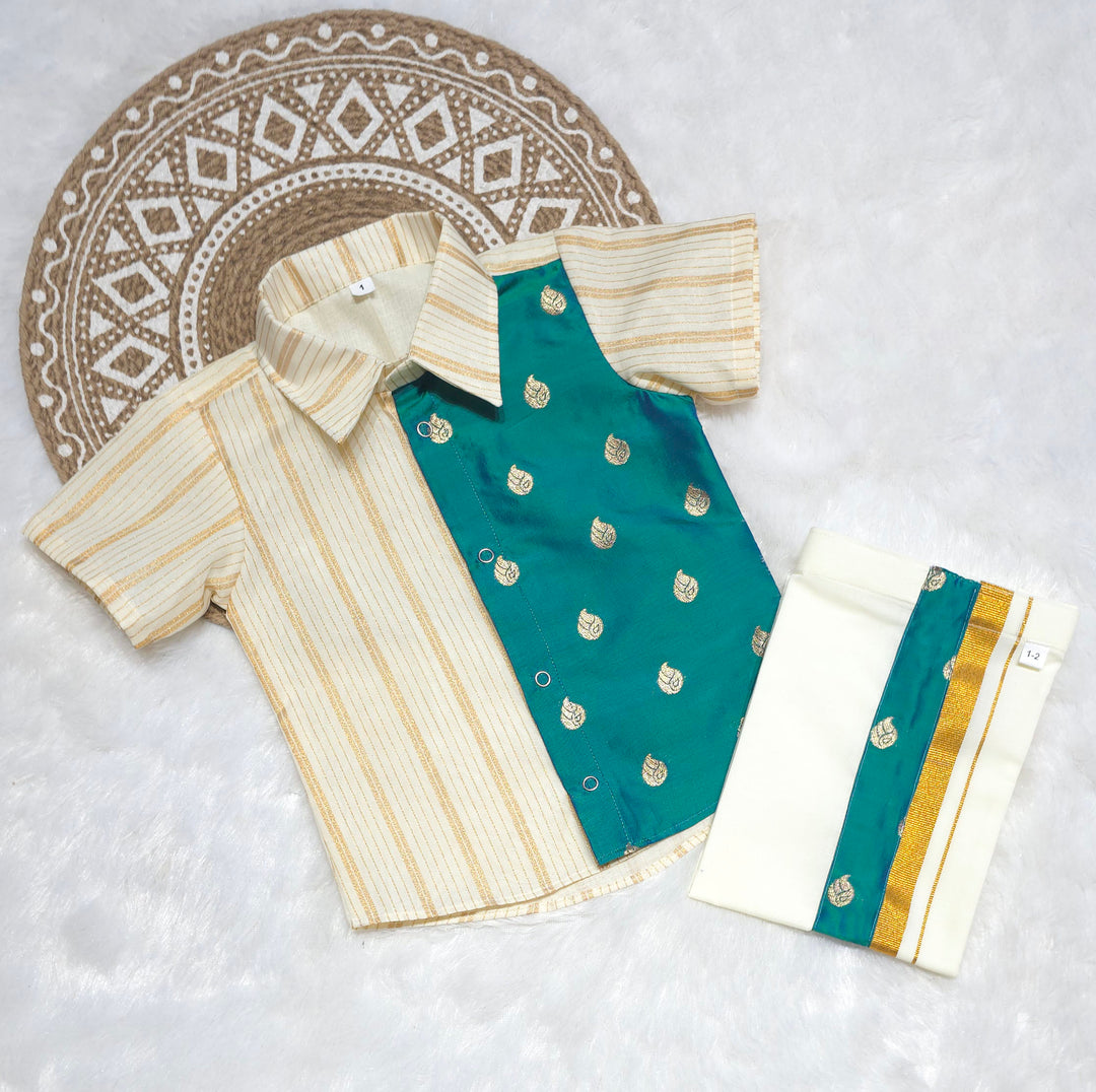 Abimanu - Peacock Blue Shirt & Vesti Set