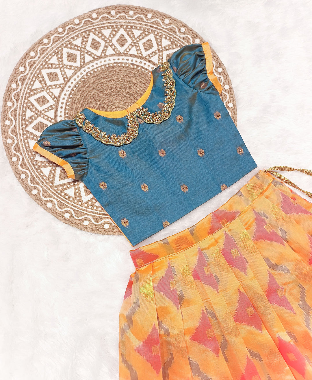 Kural - Teal Blue Peach Orange Designer Minipattu