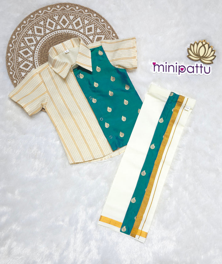 Abimanu - Peacock Blue Shirt & Vesti Set