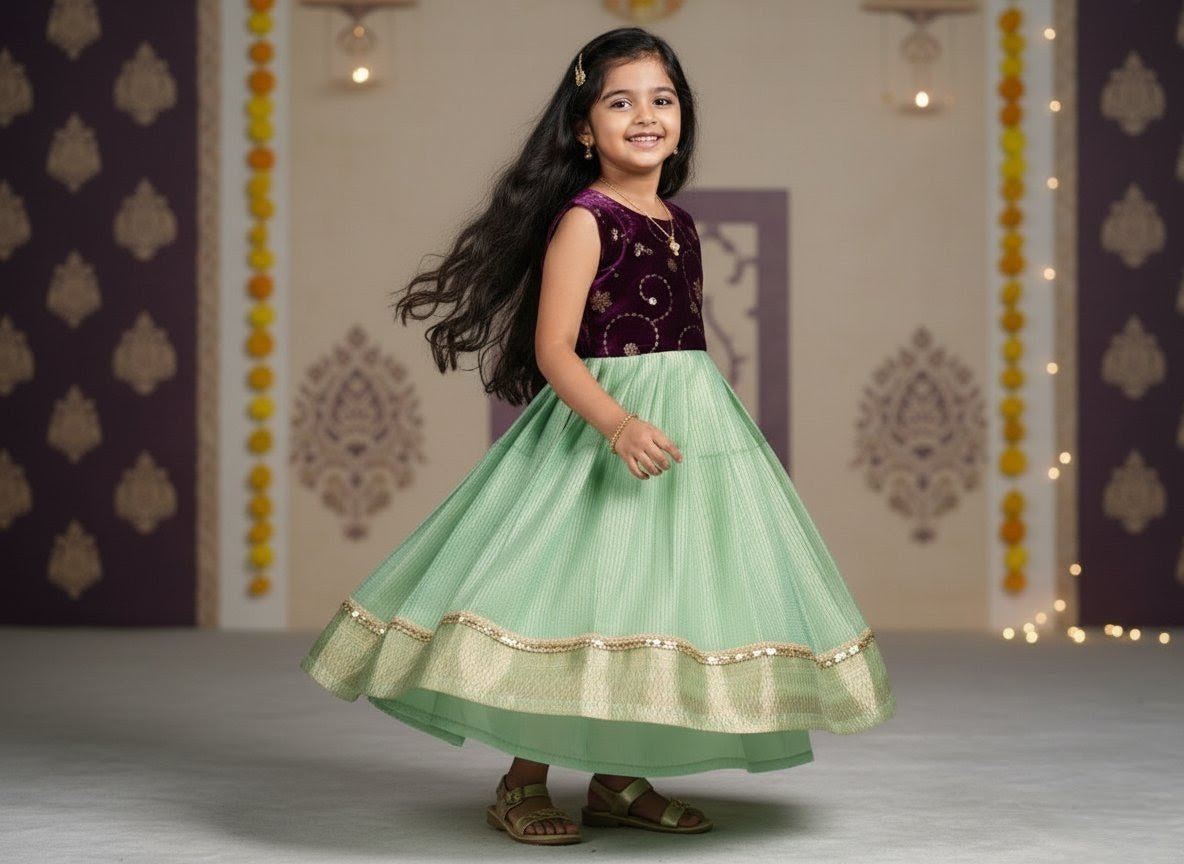Vairah - Velvet Green Tissue Frock Minipattu