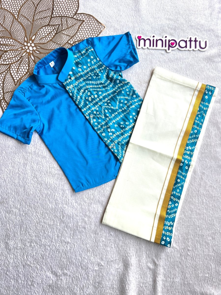 Yathra - Blue Bandhini Shirt & Dhothi Set
