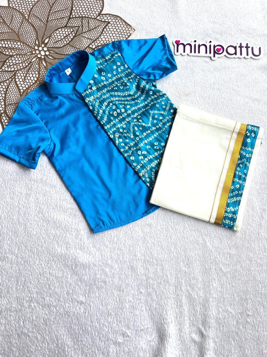 Yathra - Blue Bandhini Shirt & Dhothi Set