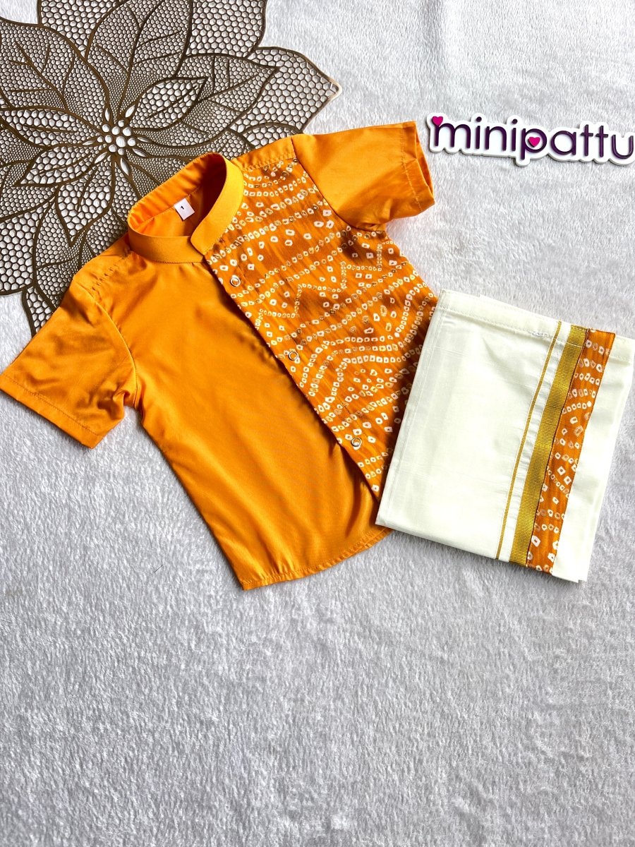 Yathra - Musturd Bandhini Shirt & Dhothi Set