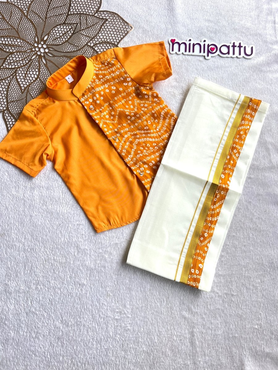 Yathra - Musturd Bandhini Shirt & Dhothi Set