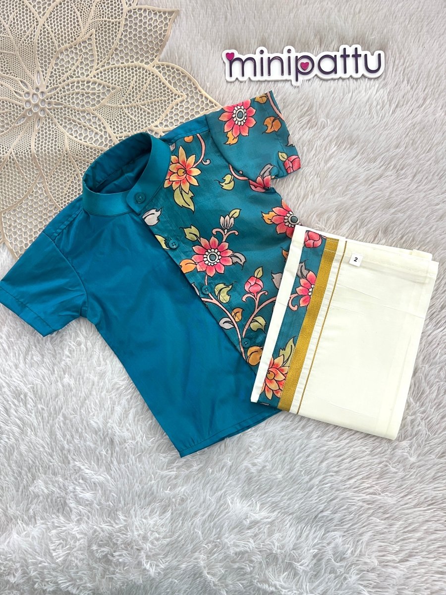 Yathra - Teal Blue Kalamkari Shirt & Dhothi Set